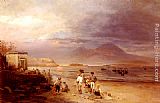 Bay Canvas Paintings - Fishermen with the Bay of Naples and Vesuvius beyond